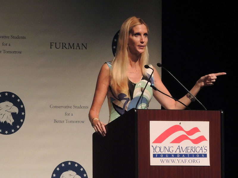 Conservative author and commentator Ann Coulter spoke at Furman Thursday. (by Thomas Nantz)
