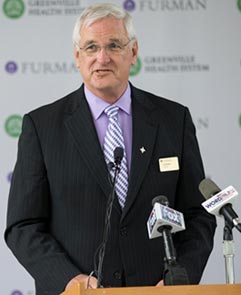 Furman interim president Carl Kohrt at a news conference announcing the partnership.